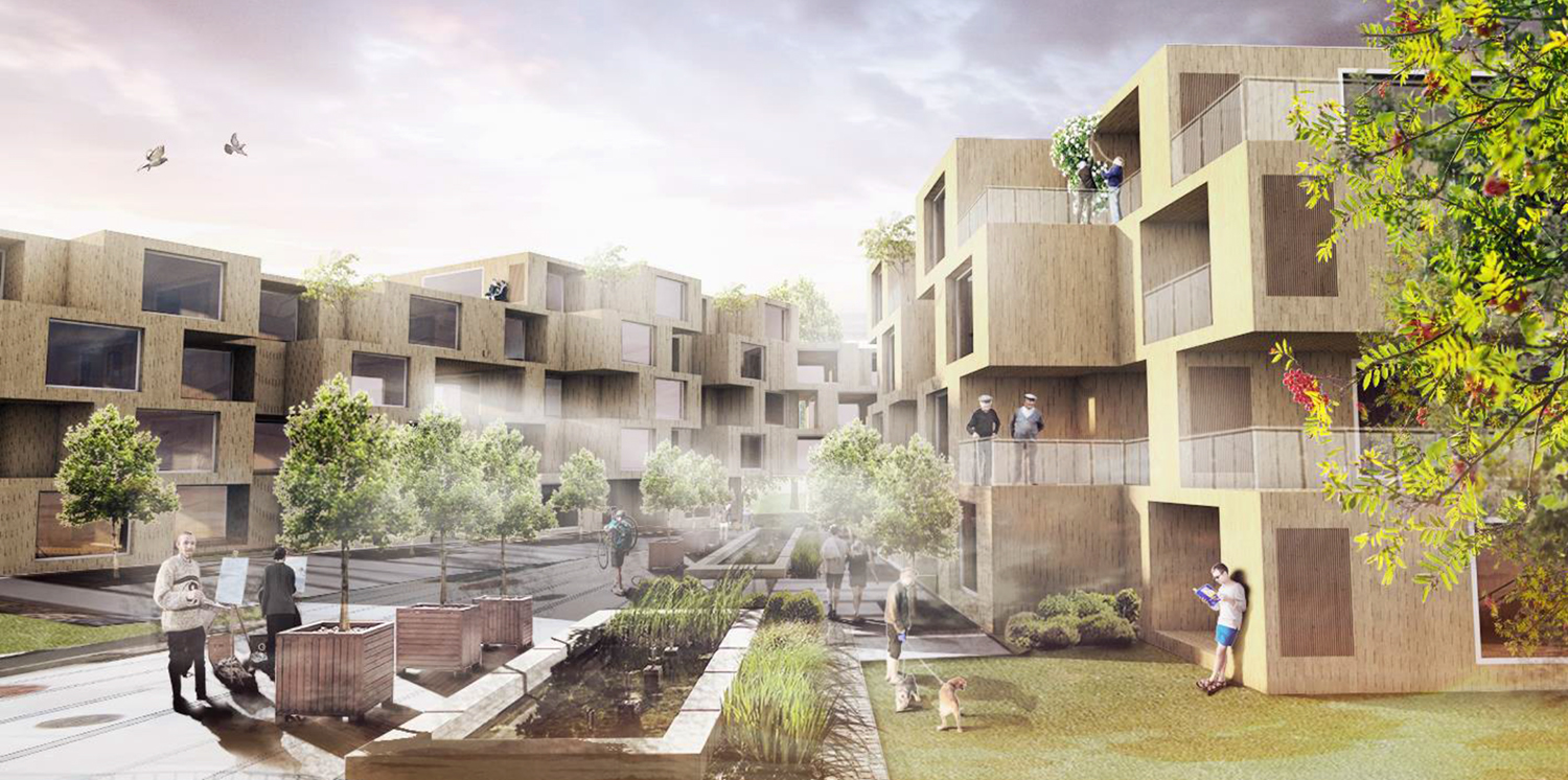 Tegning av boligområde fra masterprosjekt i Sustainable Architecture v/Mads Løkeland Slåke og Håvard Auklend 2017