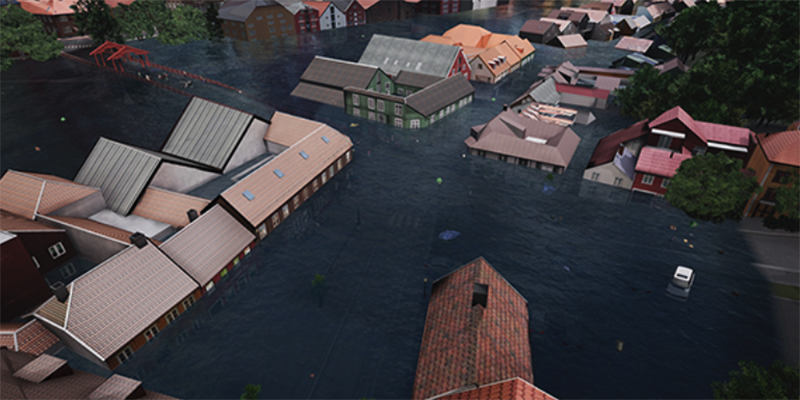 Illustrasjon som viser Trondheim sentrum under så mye vann at bare toppen av husene stikker opp.