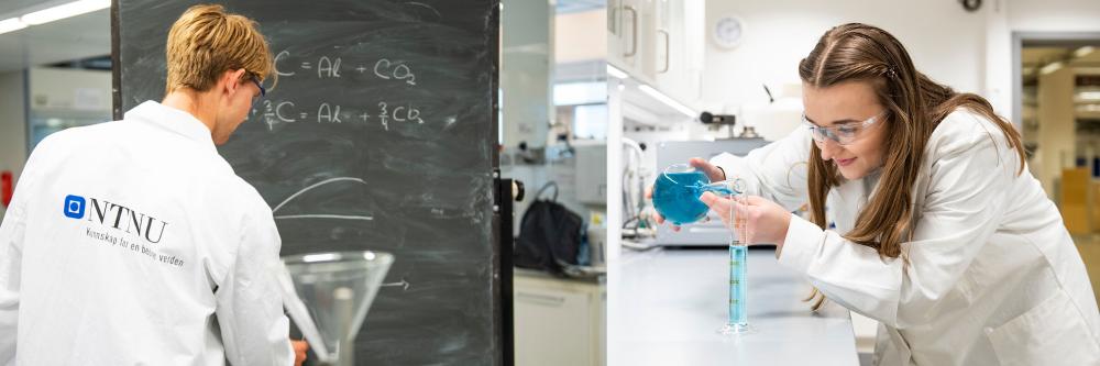 En mann i labfrakk med tittel NTNU skriver på en tavle. En kvinnelig student heller over veske i fargerike reagensglass. Foto