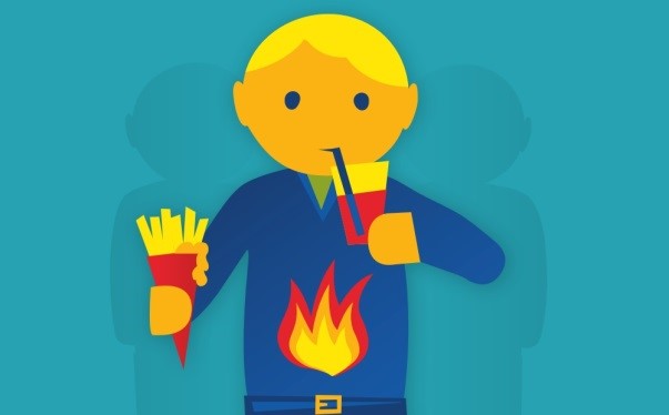 Person som spiser fastfood med en flamme avbildet på genseren. Grafikk. 