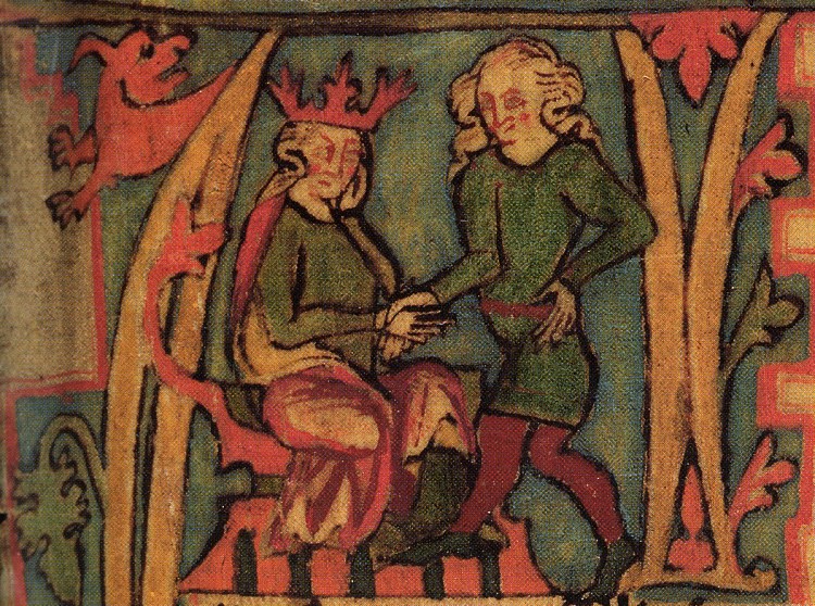 Kung Haraldr hárfagri får kungariket fra sin faders hand. I: Flateyjarbók fra 1300-tallet. Den finnes nå i Árni Magnússon-institusjonen på Island.