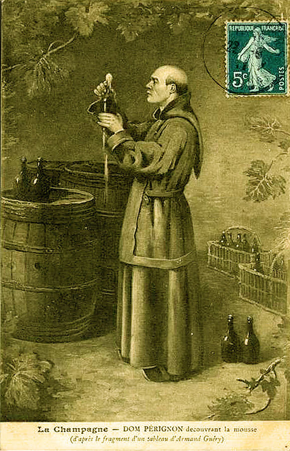 Dom Pérignon découvrant la prise de mousse, Postcard of Champagne-Ardenne from an illustration by Arnaud Gudry.