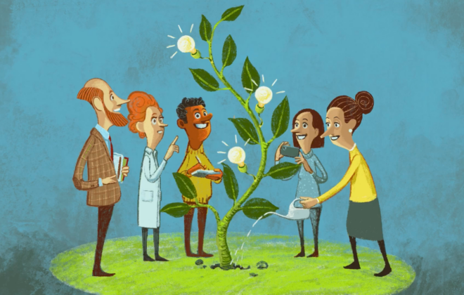 Drawing of people looking at a plant with lightbulbs growing.