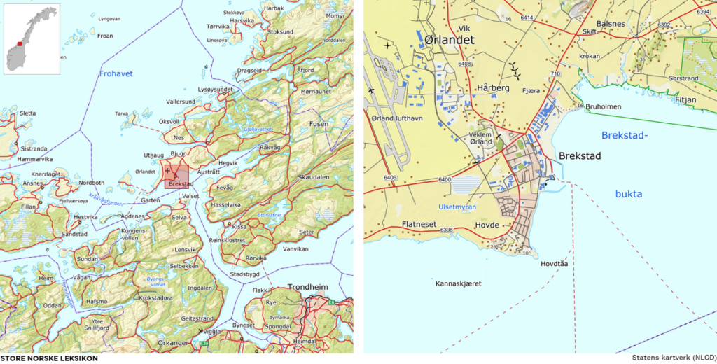 Map over Trøndelag and Brekstad. The maps are used with permission from Store Norske Leksikon.
