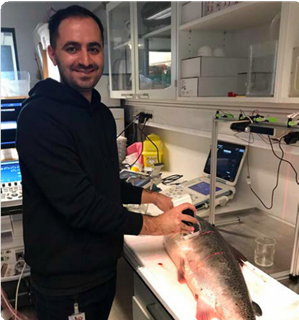 Yasin Yari scanning a fish using ultrasound.