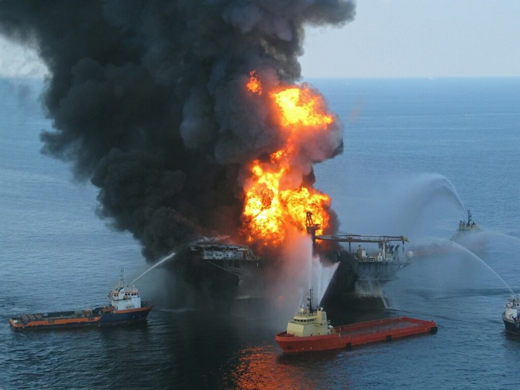 Firefighting boats tackling the Deep Horizon oil platform fire.