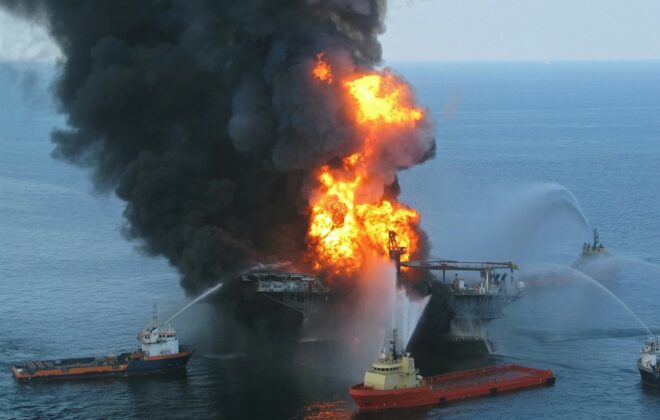 Firefighting boats tackling the Deep Horizon oil platform fire.