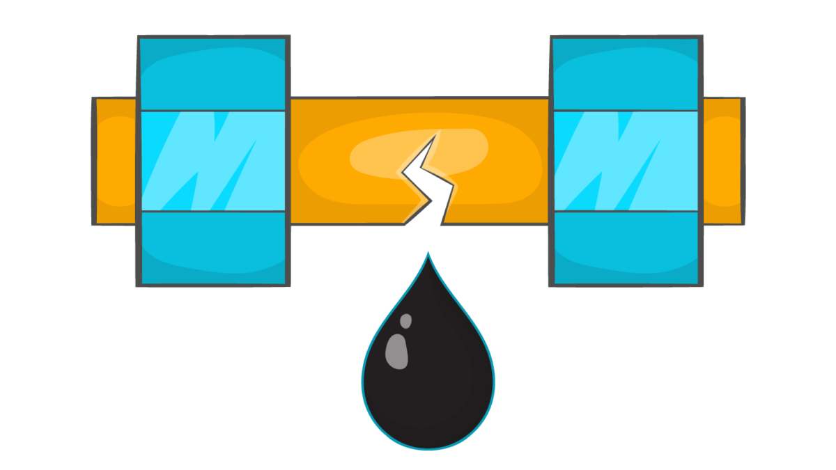 Graphic depiction of a pipe leaking a drop of oil.