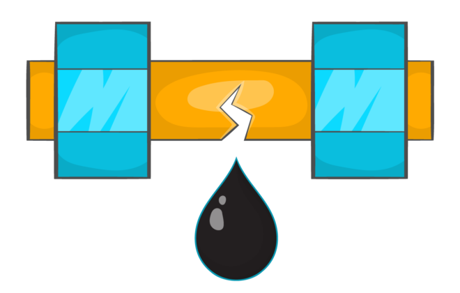 Graphic depiction of a pipe leaking a drop of oil.