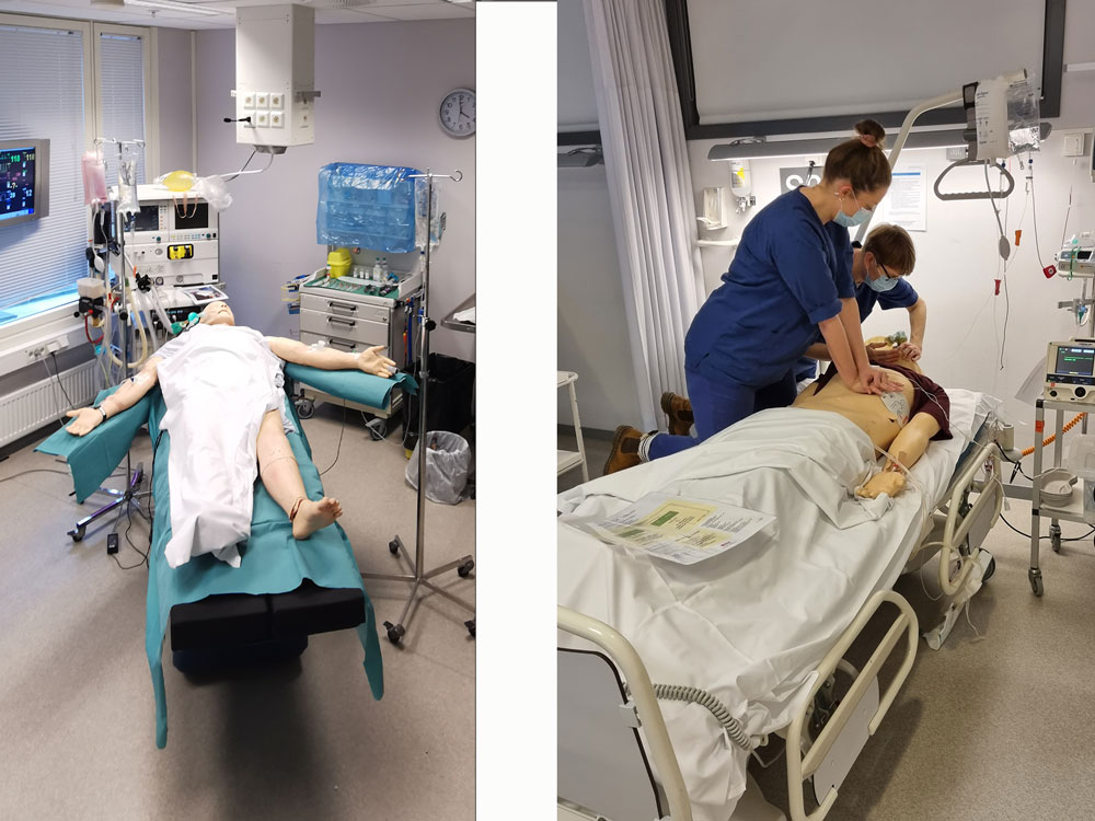 To bilder: 1: dukke på operasjonsbord. 2: To personer øver på HLR