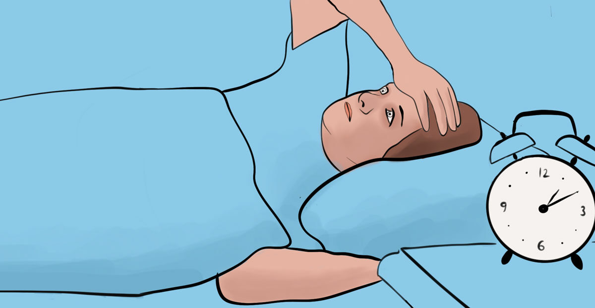 person i seng og med vekkerklokke på nattobord, illustrasjon