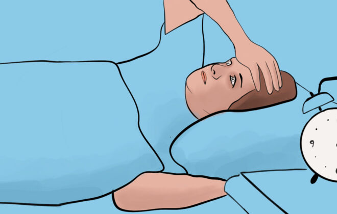 person i seng og med vekkerklokke på nattobord, illustrasjon
