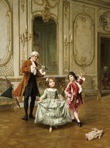 Maleri av to barn i 1700-talls finklær som får danseundervisning.
