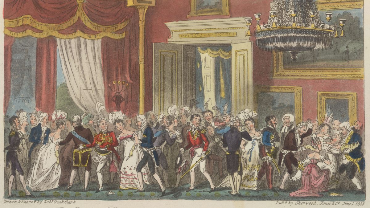Illustrasjon fra 1700-tallets England, mange mennesker på ball.