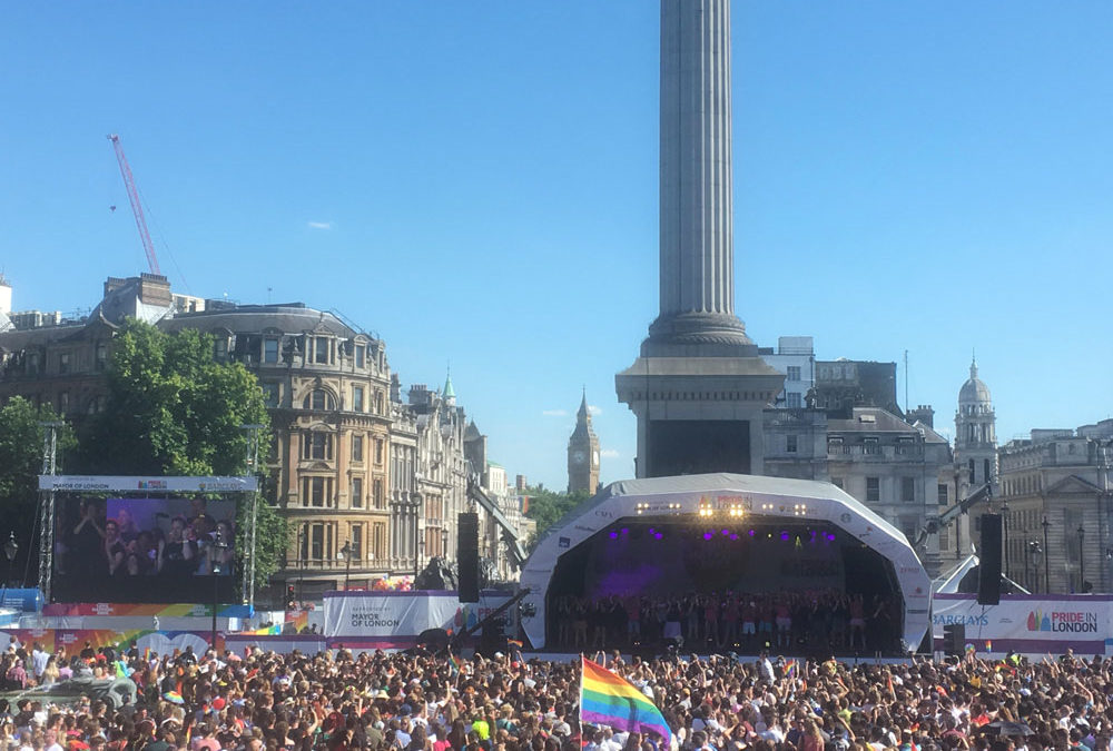 Pink Singers and Rainbow Voices Mumbai performing on the main stage in Trafalgar Square, London Pride, 2017