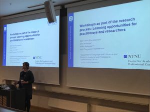 Marit Olave med presentasjonen "Workshops as part of the research process: Learning opportunities for practitioners and researchers”