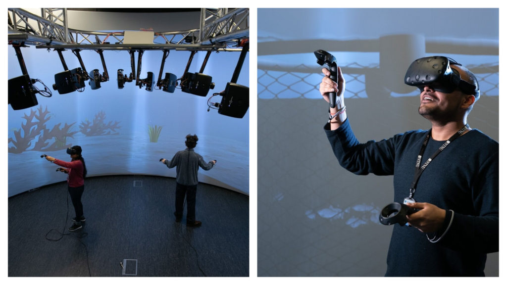 Bildet viser studenter i et VR-laboratorium ved NTNI i Ålesund.