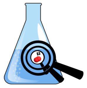 Illustration of a flask with three magnifying glasses.