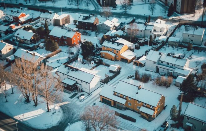 Aerial photo of a neighborhood during winter