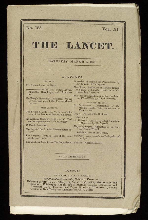 The Lancet, March 3rd 1827, cover