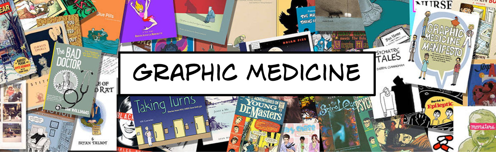 Skjermdump av loggen Graphic Medicine som viser collage med ulike tegneserier
