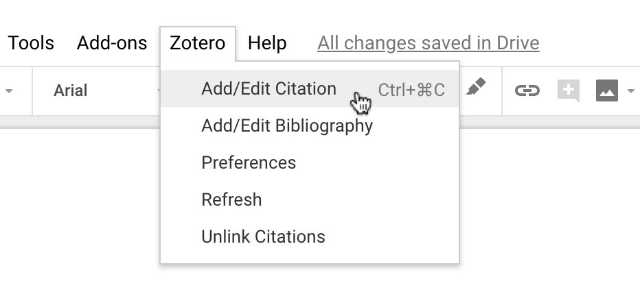 Skjermdump av meny fra Googledocs som viser atZotero har fått en egen fane