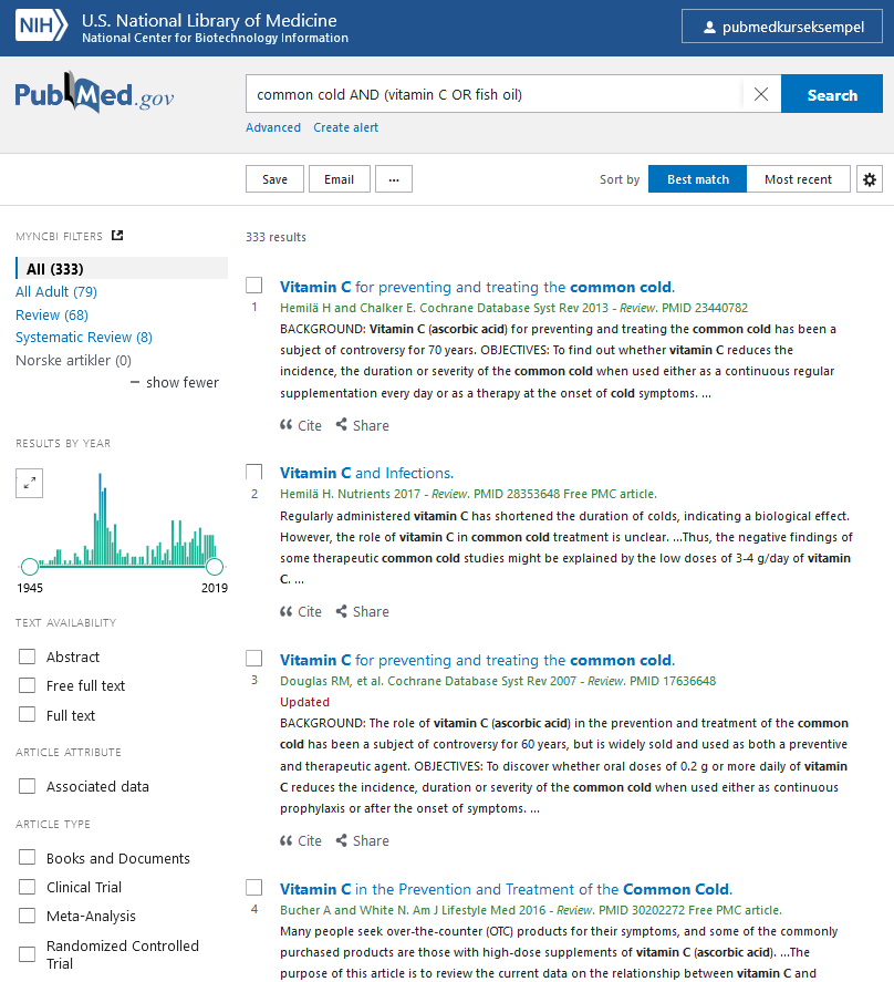 Skjermdump av treffliste i det nye grensesnittet til PubMed