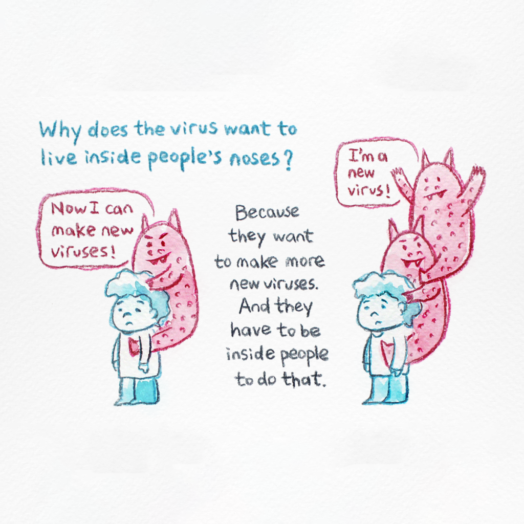 Utdrag fra tegneserien "How to keep COVID away" hvor et stort rosa og piggete monster (viruset) henger seg fast på ryggen til en liten gutt.