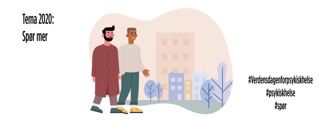 Illustrasjon med to menn som går sammen i by og teksten Spør mer