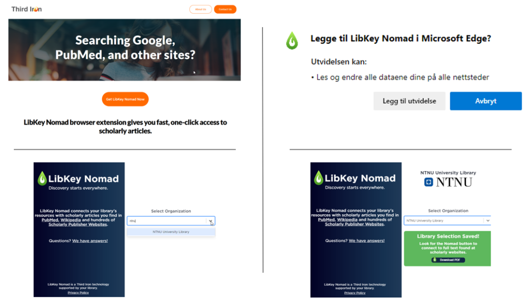Illustrasjonsbilde som viser nedlastning og aktivering av nettlesertillegget LibKey Nomad.