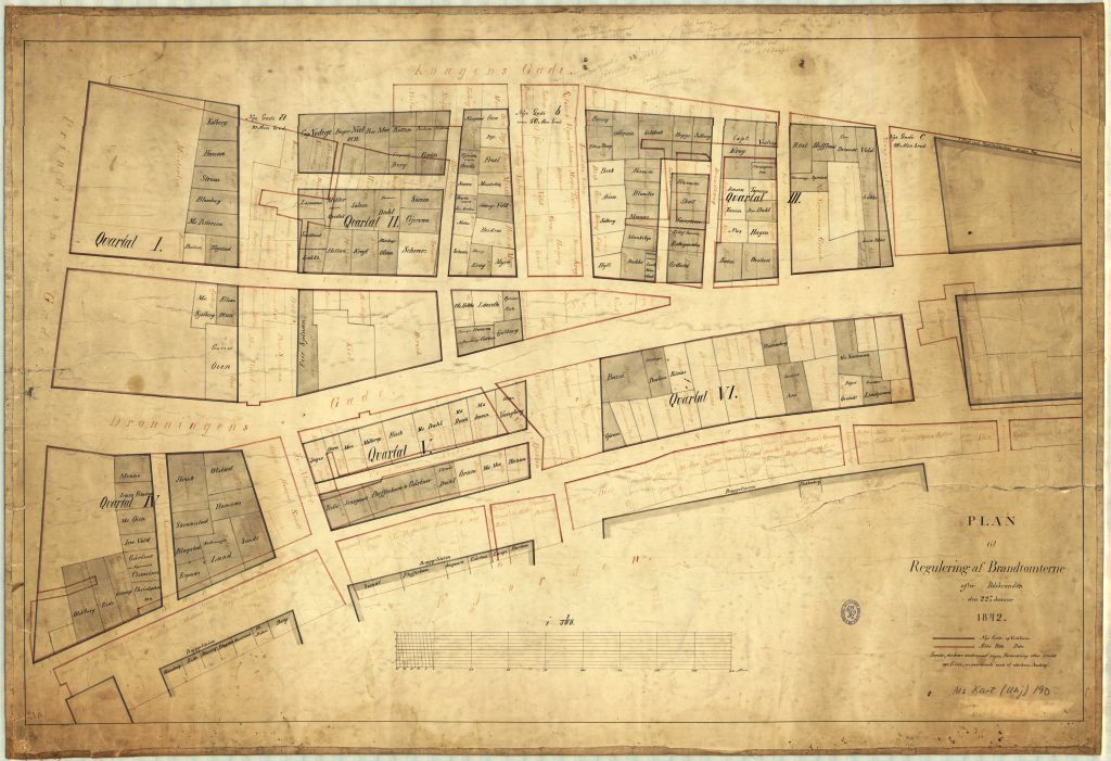 kart, reguleringsplan over Trondheim etter brannen i 1842