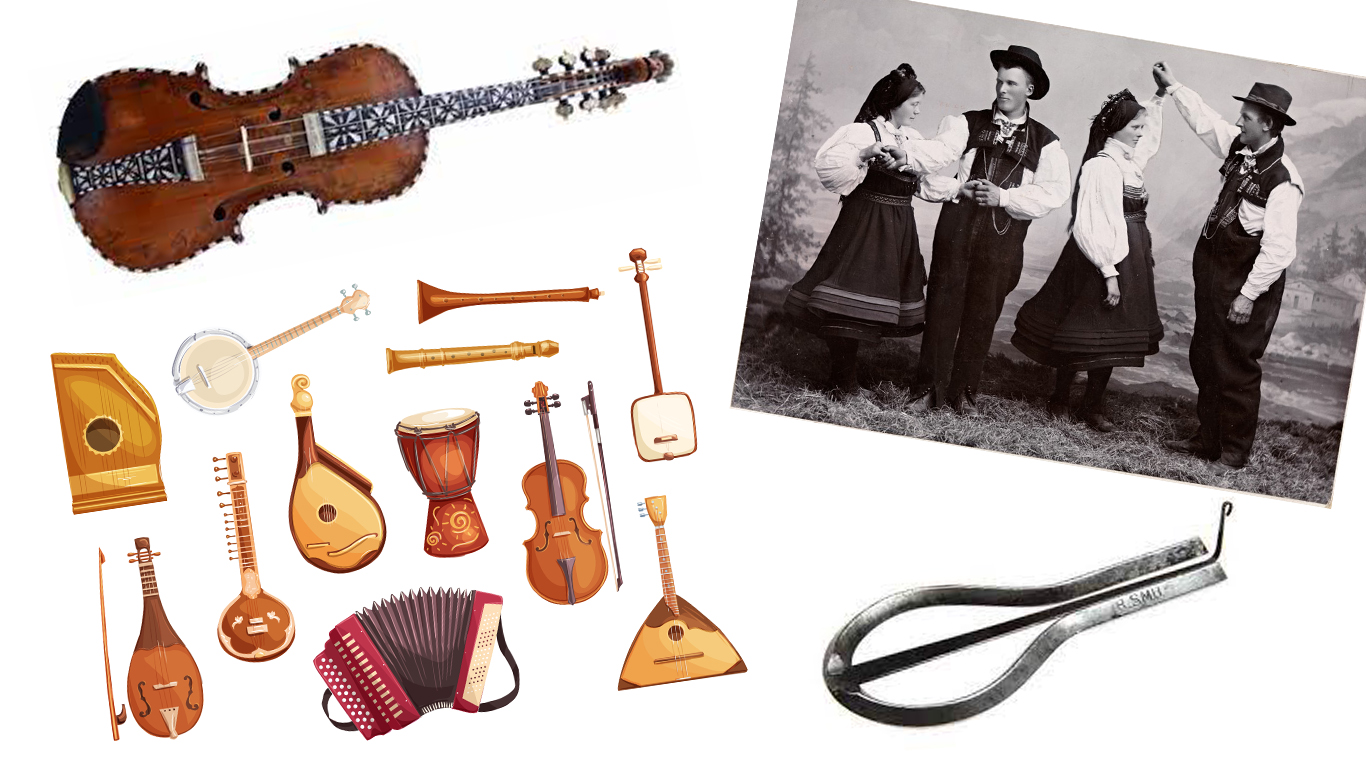 Collage med bilder av folkemusikkinstrumenter og -dansere