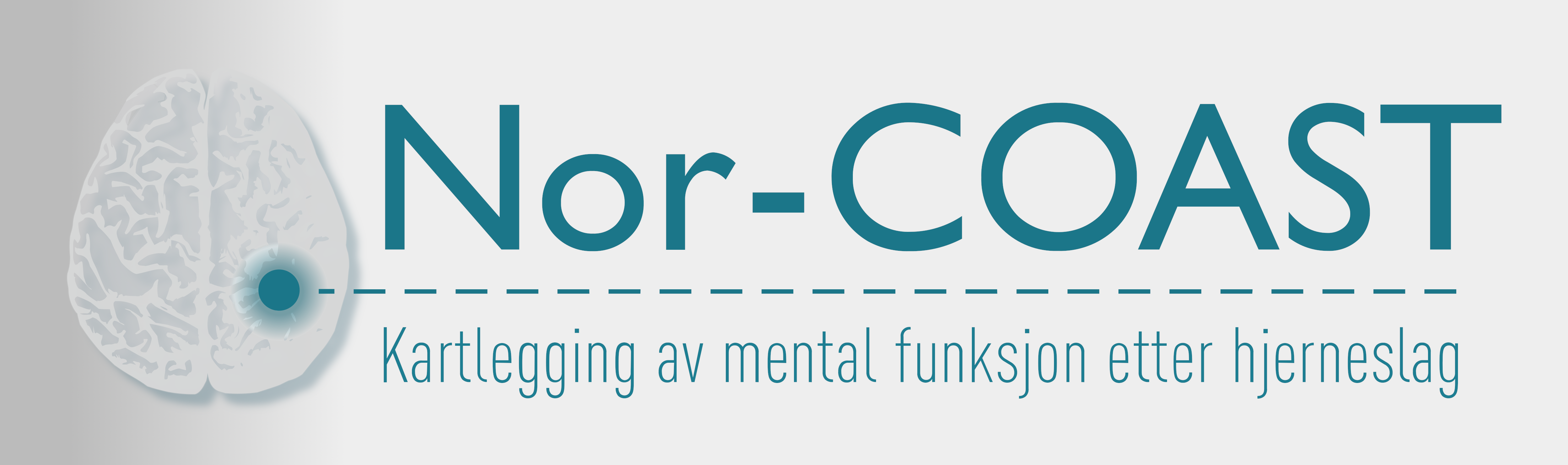 Nor-COASTs logo. Illustrasjon av Hjerne med teksten Nor-COAST, Kartlegging av mental funksjon etter hjerneslag.