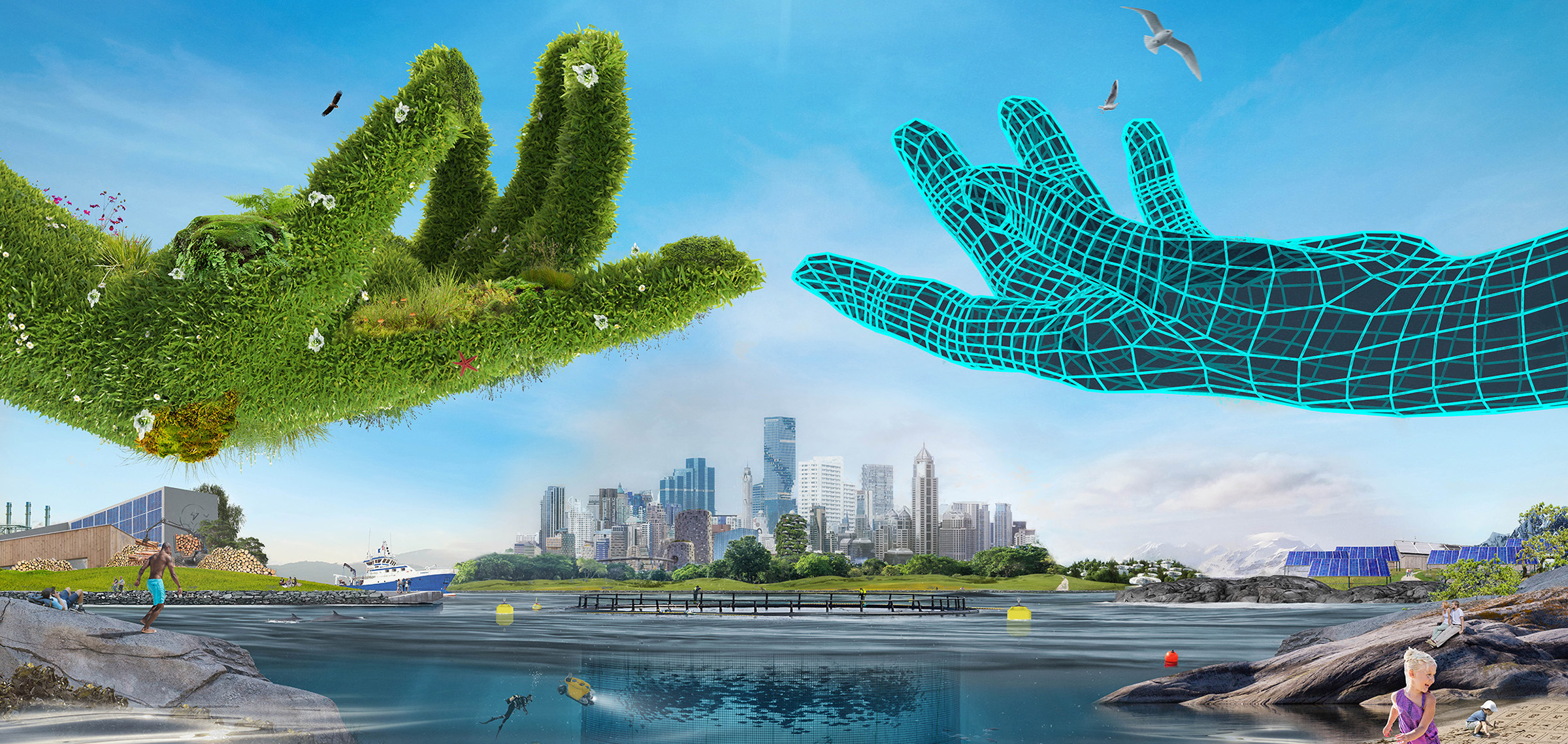 En digital hånd og en grønn plantehånd møtes i en illustrtasjon med mange elementer