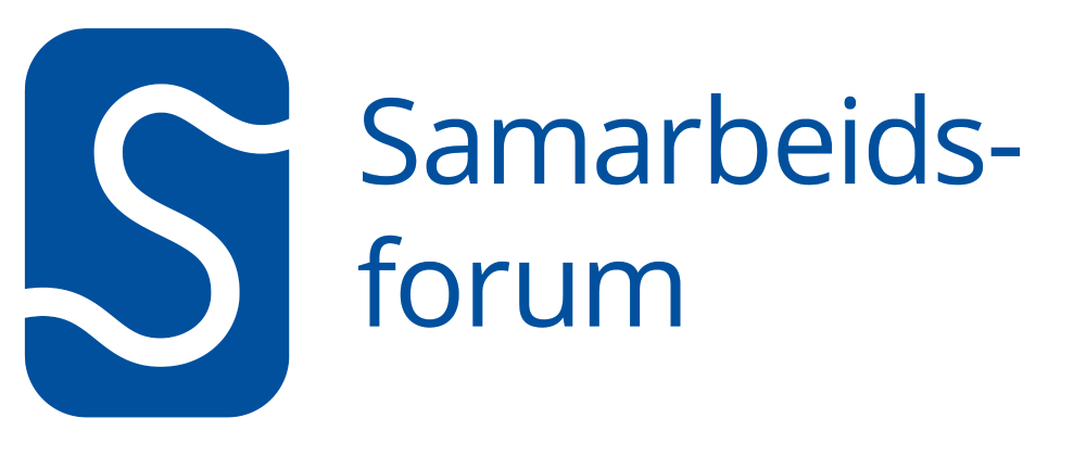 En hvit S på blå bakgrunn med teksten Samarbeidsforum. Logo