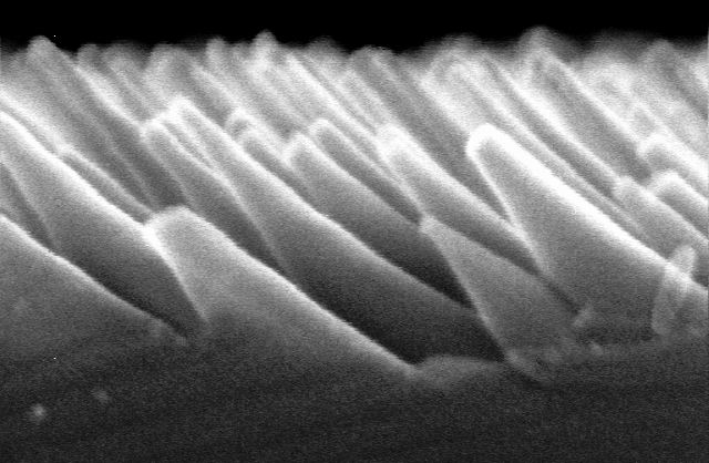 Fig. 1. Example of cross-section SEM image of GaSb nanocones formed upon sputtering at normal incidence (top figure), and at 45 degrees incidence (bottom figure).