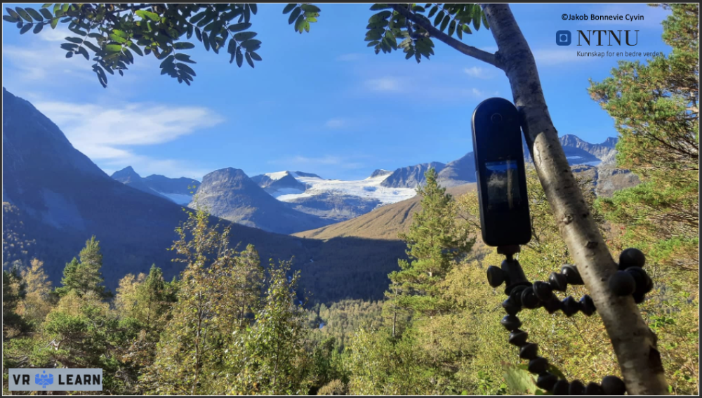 Bilde av et kamera som er festet til et tre for å filme 360-grader film