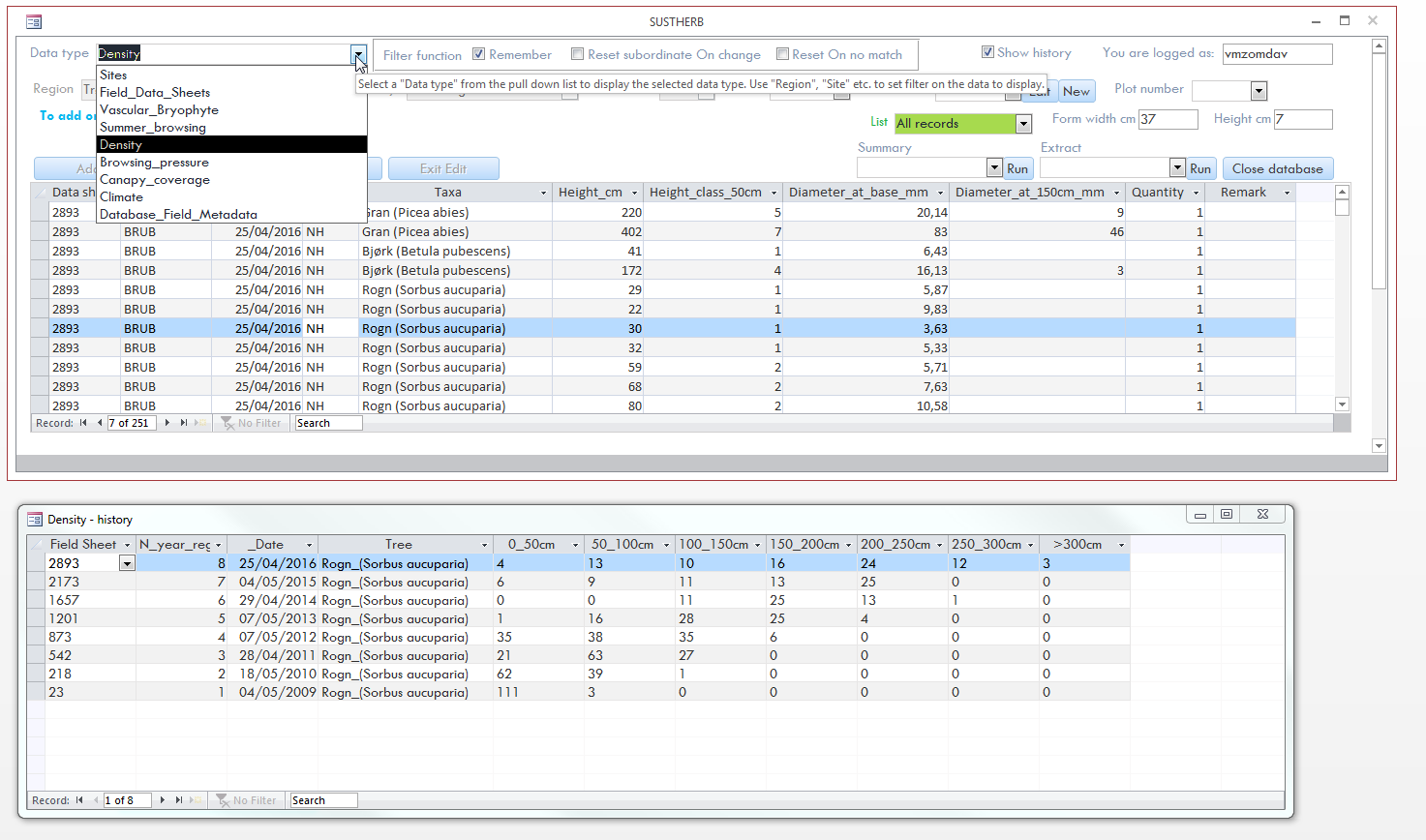 Screenshot from the application interface of the new database.