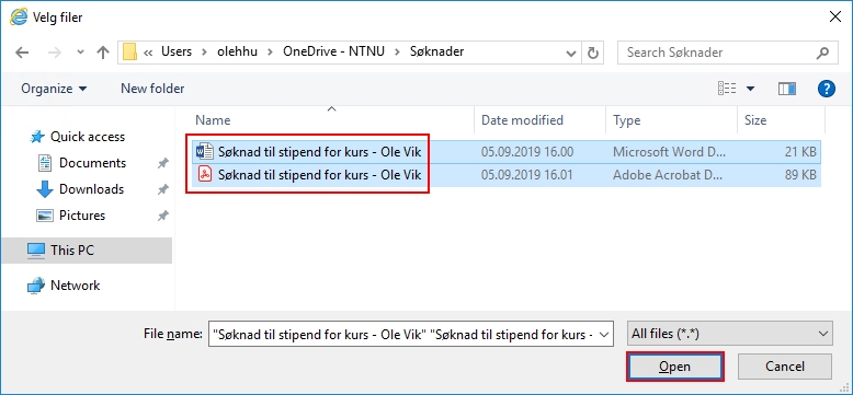 Velg filer fra Windows-utforskeren