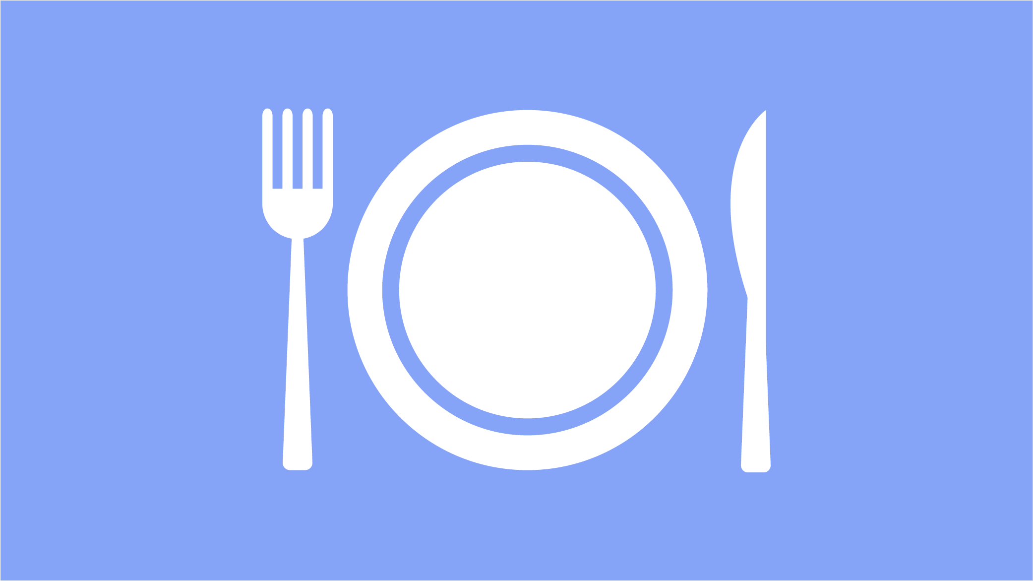 Illustrasjon med fat, kniv og gaffel hvitt piktogram mot lys blå bakgrunn