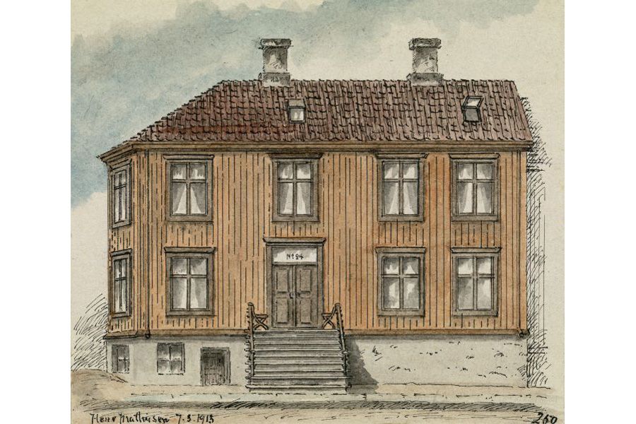 Tegning av Sotåen-gården i Søndre gate 24 av Mathiesen