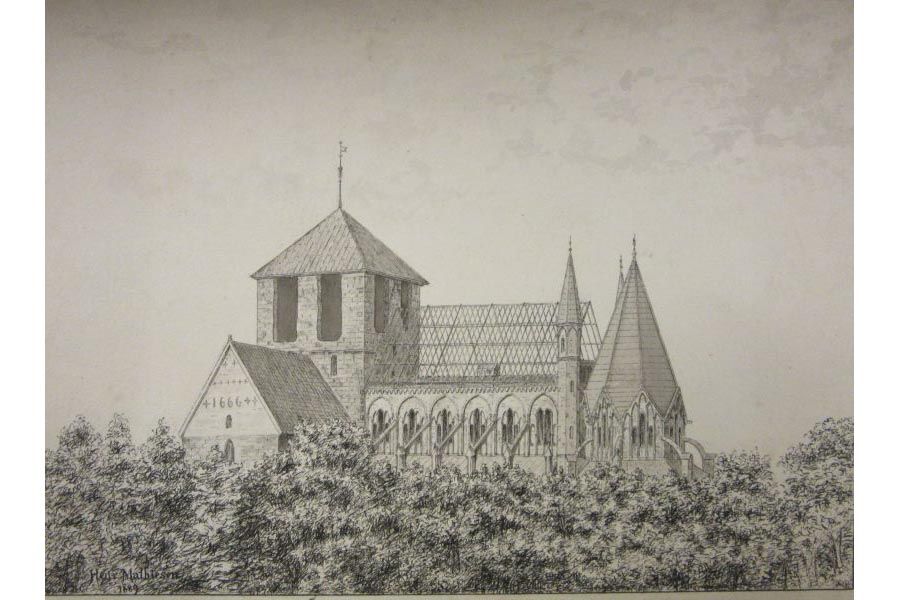 Domkirken under restaurering, tegnet av Mathiesen