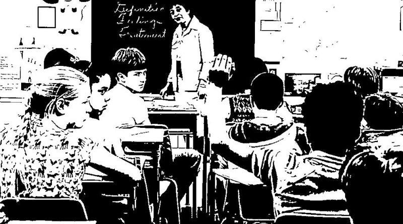 Teacher facing her class. Illustration