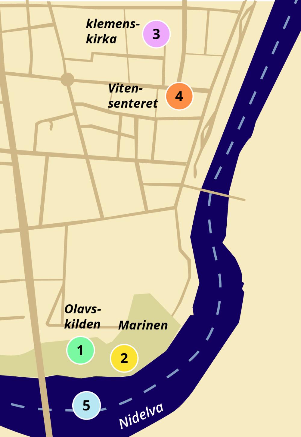 Kart over Trondheim sentrum med tall som viser sted for hvert av prosjektene
