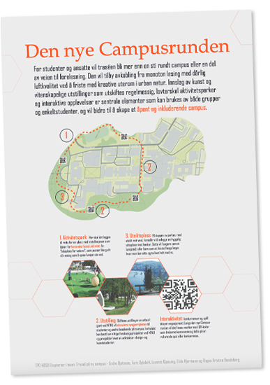 Plakat for prosjektet "Den nye Campusrunden." Illustrasjoner av et kart, og orange overskrift med navn på tema. 