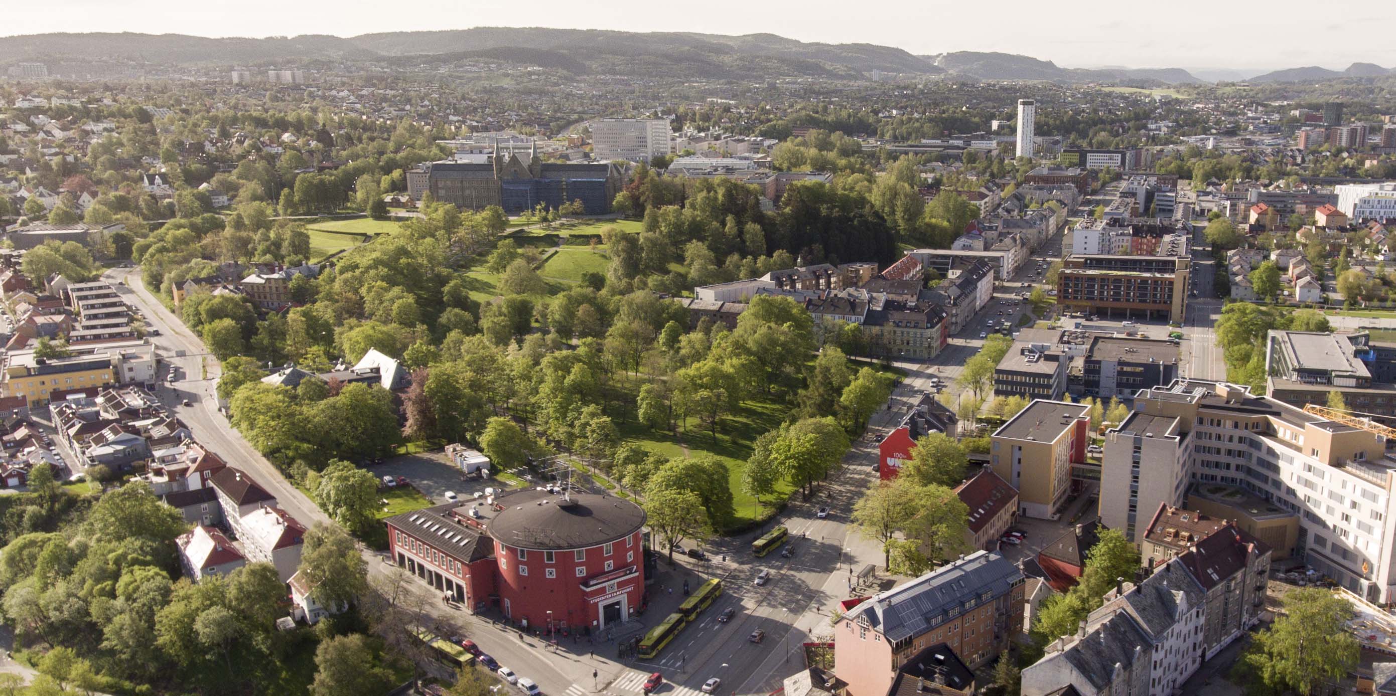 Aerial view of Gløahaugen angeled from Studentersamfundet.