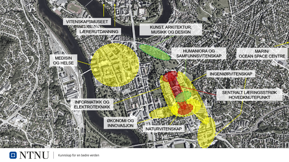 Illustrasjon som viser nye faglige klynger (i grønt) og videreutvikling av eksisterende klynger (i gult) når campus i Trondheim skal samles. Hovedknutepunkt og sentralt læringsstrøk som skal videreutvikles er markert med rødt. Illustrasjon: NTNU