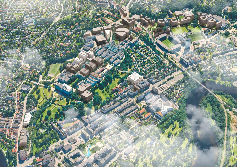 Oversiktsbilde som viser NCS-bygg i hvitt og arealer for NTNU Campusutvikling i grått. Illustrasjon: CF Møller/Statsbygg