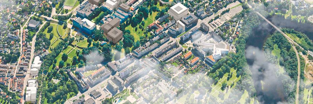 Oversiktsbilde som viser NCS-bygg i hvitt og arealer for NTNU Campusutvikling i grått. Illustrasjon: CF Møller/Statsbygg