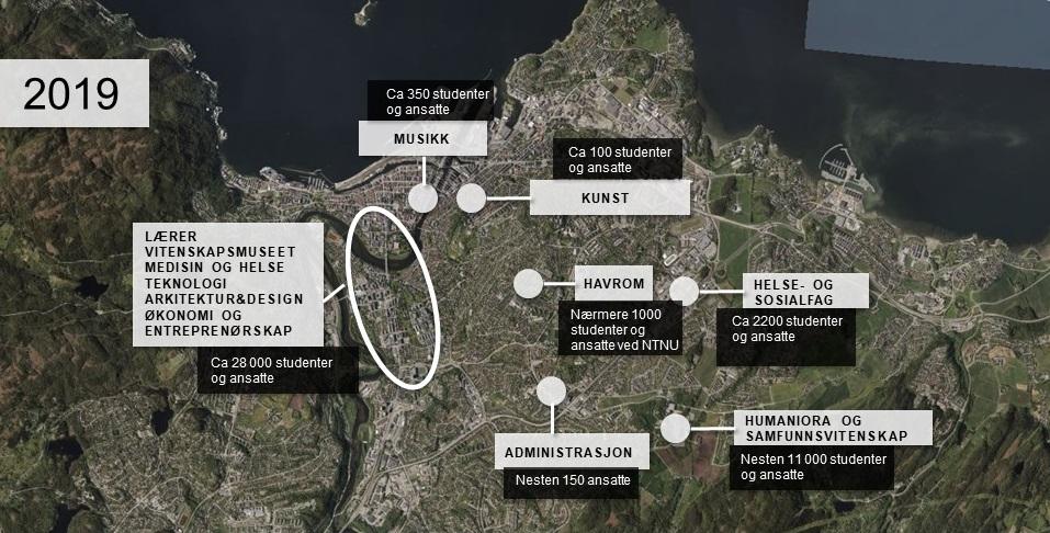NTNUs campus i Trondheim i 2019 - spredt på mange lokasjoner